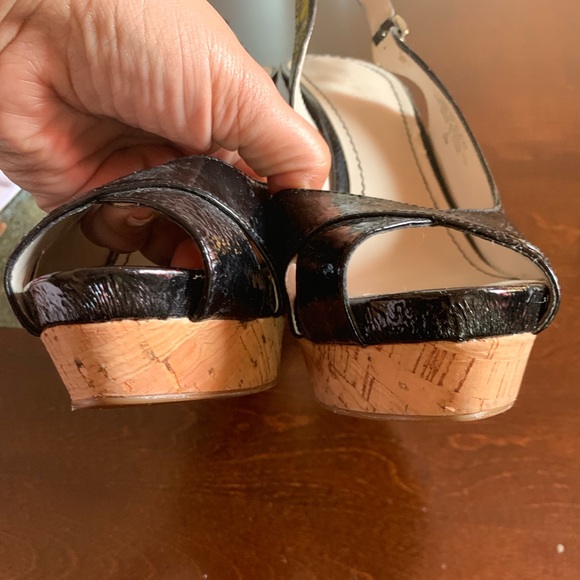 Black Patent Leather Cork Sling Back Wedges - Picture 3 of 8